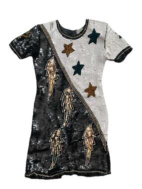 VTG 80-90s sequins beaded dress Tan Chho Black White Stars Lightning Bolts S